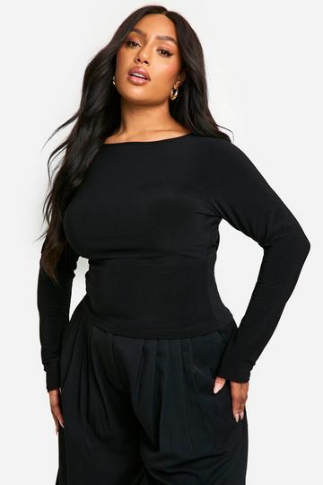 Plus Boat Neck Long Sleeve Top black