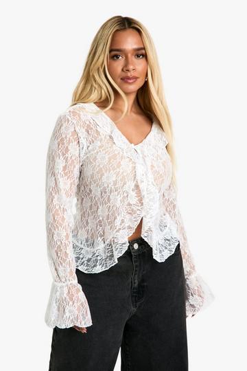 White Plus Lace Tie Front Flare Sleeve Top