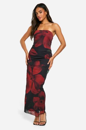 Mesh Bloemen Strapless Maxi Jurk natural black