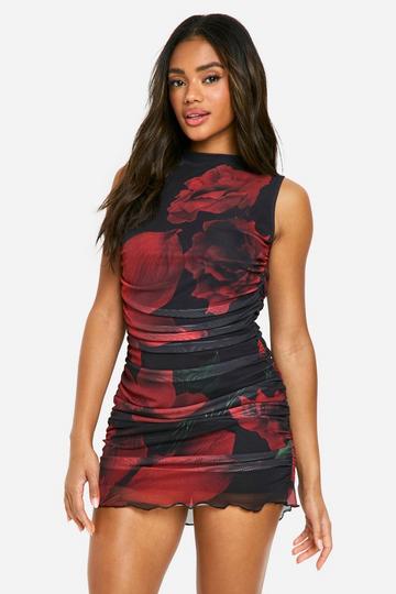 Printed Ruched Mini Dress black