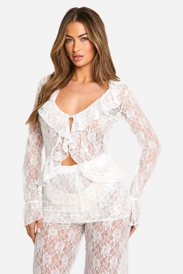 White Lace Tie Front Flare Sleeve Blouse