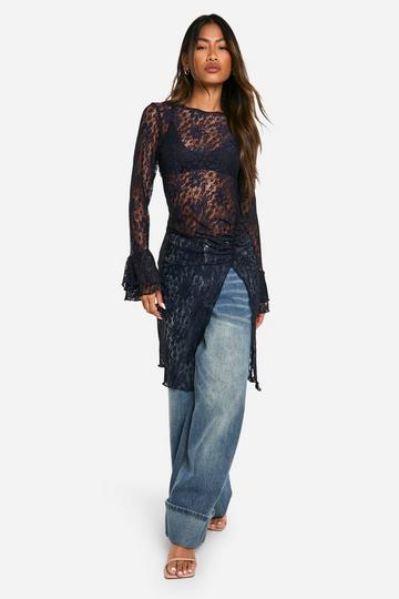 Sheer Lace Long Line Flared Long Sleeve Top navy