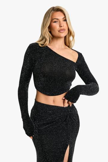 glitter asym long sleeve top black