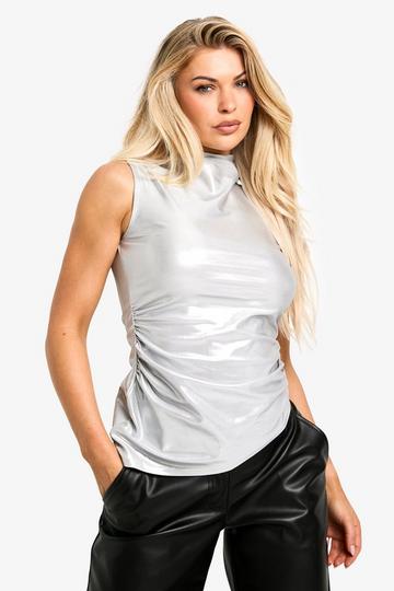 Gedrapeerde Metallic Top Met Hoge Hals metallic silver