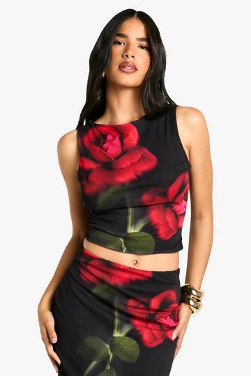 Rose print mesh tank top black