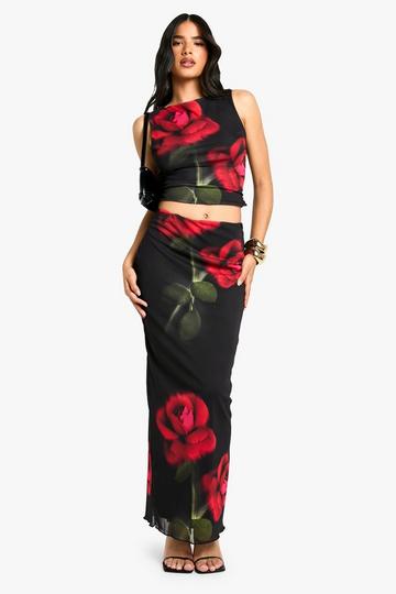 Rose print mesh maxi skirt black