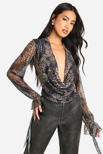 Snake Multi Printed mesh collared flare sleeve top