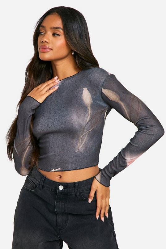 Printed sheer mesh long sleeve top | boohoo USA Printed sheer mesh long sleeve top | boohoo USA