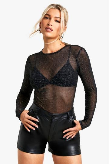 glitter mesh long sleeve crop top black