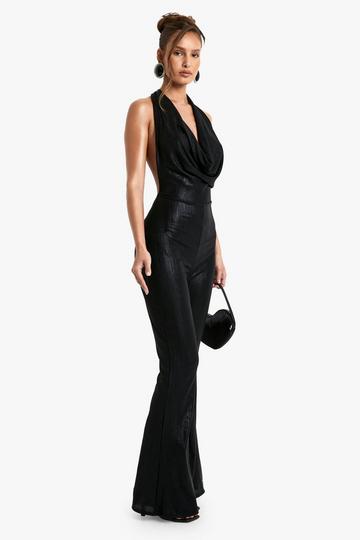 Metallic Foil Rib Cowl Jumpsuit black