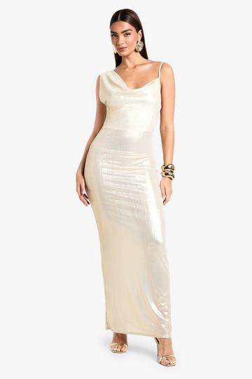 Champagne Beige Geribbelde Metallic Maxi Jurk Met Eén Blote Schouder