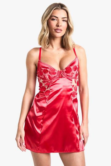 Rose Mesh Panel Satin Chemise red