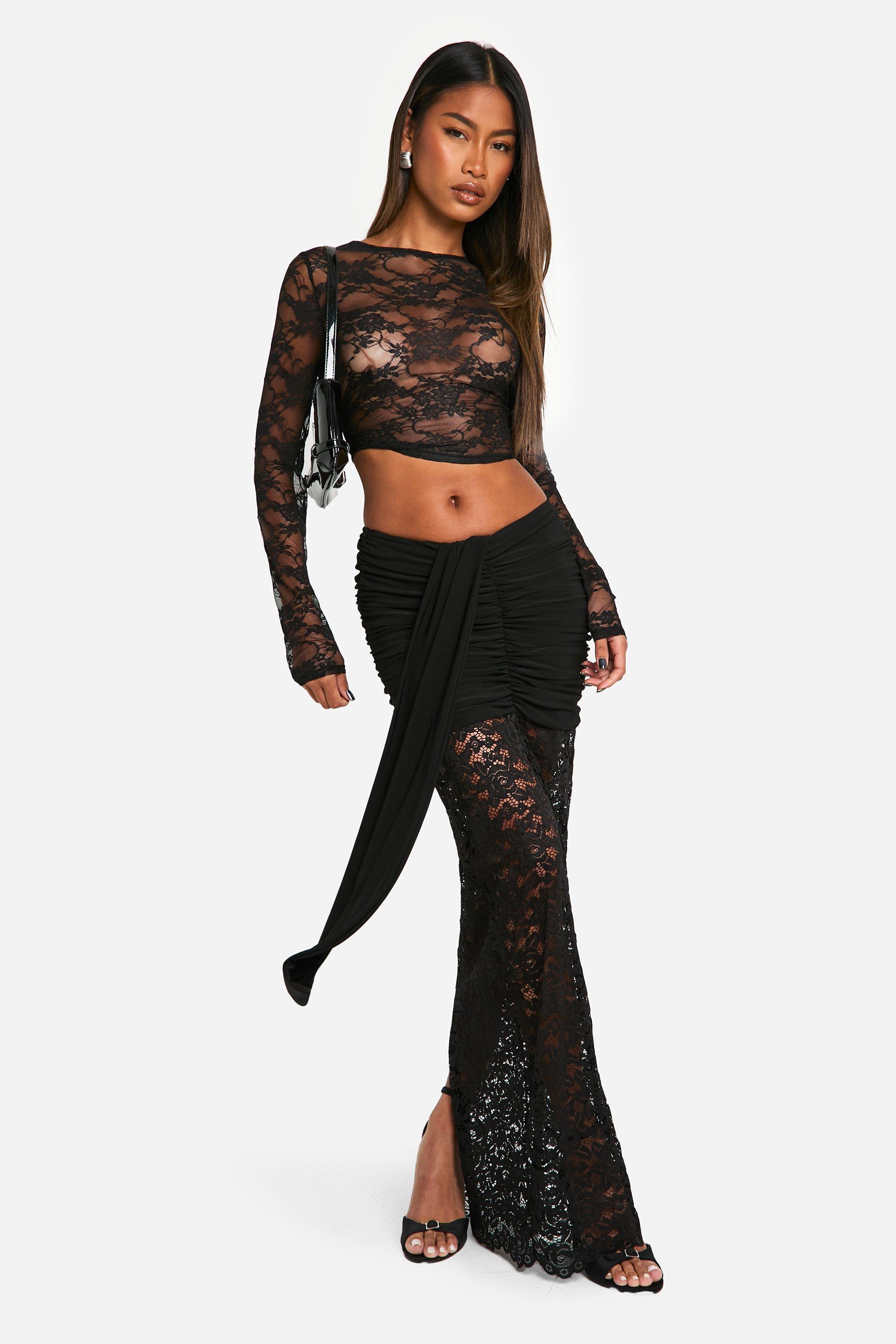 BLACKBLONDの8287 Pierced Sheer Lace Long Sleeve Top 全2色 Riley Sheer Lace Long Sleeve Top - Black | MESHKI US