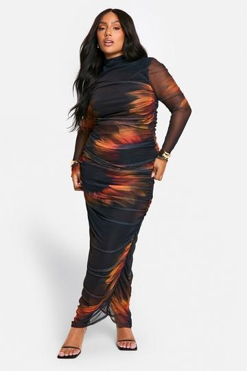 Plus Printed Mesh Ruched Maxi Dress orange