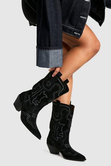 Embroidered Detail Western Cowboy Ankle Boots black