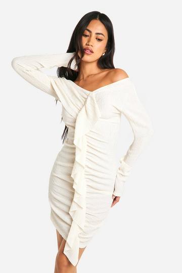 Textured Ruffle Drape Front Mini Dress cream