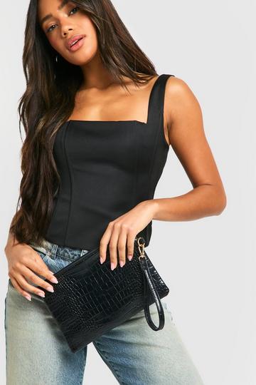 Black Croc Zip Top Clutch Bag