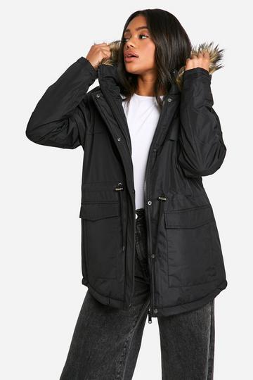 Black Faux Fur Trim Parka