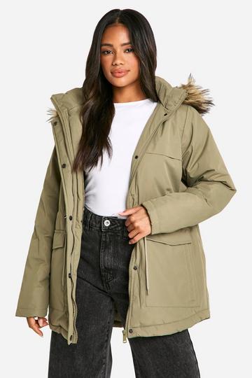 Faux Fur Trim Parka khaki