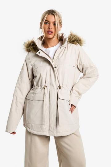 Stone Beige Faux Fur Trim Parka