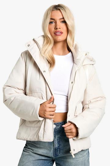 Stone Beige Hooded Short Puffer Jacket