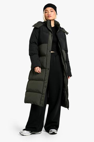 Contrast Hooded Maxi Puffer Jacket khaki