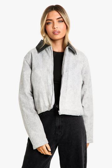 Contrast Collar Washed Look Barn Jacket grey