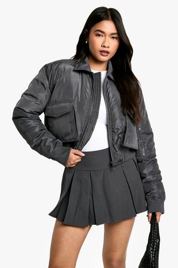 Rib Detail Cropped Bomber Jacket dark grey