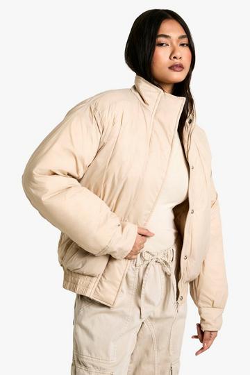 Stone Beige Funnel Neck Bomber Jacket