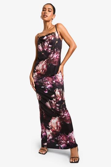 Bloemenprint Maxi Jurk Met Kanten Zoom black