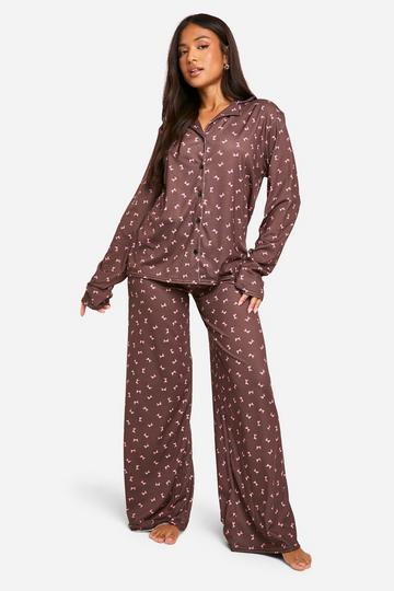 Petite Bow Print Long Sleeve Pyjama Set brown