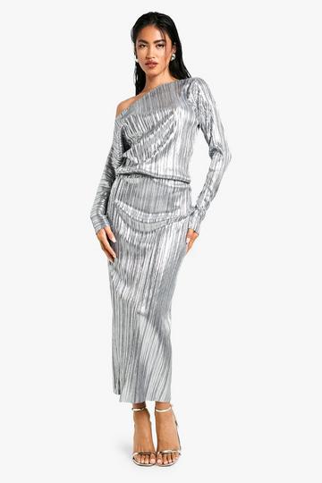 Slash Neck Metallic Foil Midaxi Dress silver