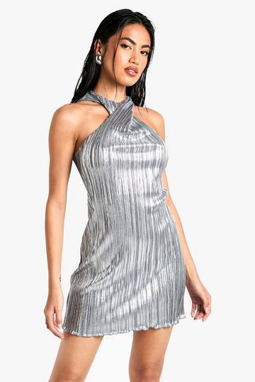 Silver Twist Neck Metallic Foil Mini Dress