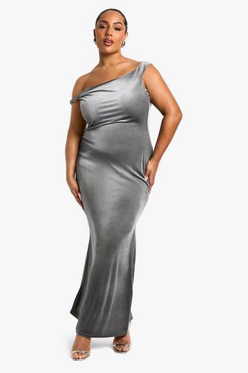 Plus Geplooide Fluwelen Asymmetrische Maxi Jurk silver grey