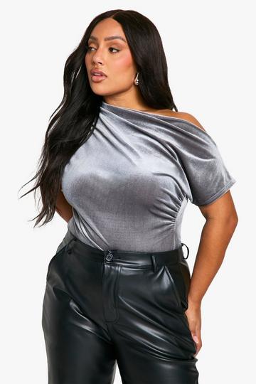 Plus Velvet Asymmetric Bodysuit silver grey