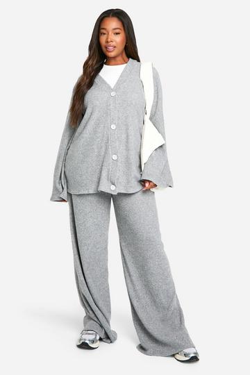 Plus Soft Rib Slouchy Cardigan & Wide Leg Trouser grey