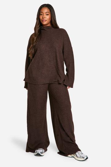 Plus Zachte Geribbelde Baggy Trui En Wide Leg Broek chocolate