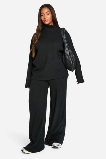 Plus Zachte Geribbelde Baggy Trui En Wide Leg Broek black