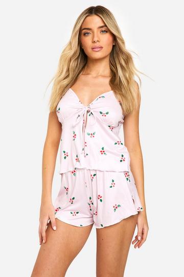 Christmas Holly Print Tie Front PJ Shorts Set baby pink