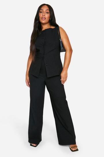 Plus Stripe Super Stretch Fitted Long Line Vest & Wide Leg Pants black