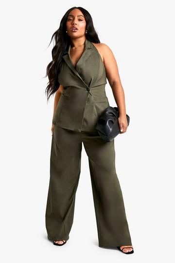 Plus Super Stretch Long Line Wikkel Gilet En Wide Leg Broek light khaki