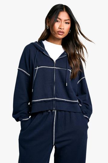 LOOPBACK CONTRAST STICH BOXY ZIP THROUGH HOODIE navy