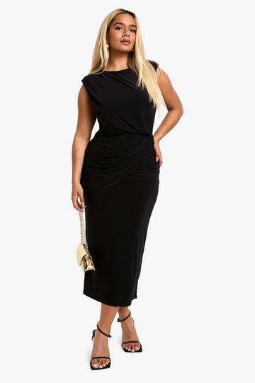 Black Plus Double Slinky Twist Shoulder Pad Midaxi Dress