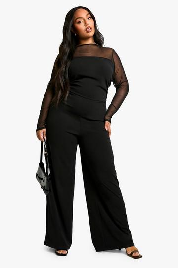 Plus Geplooide Mesh Wide Leg Jumpsuit black