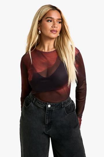 Plus Mesh Long Sleeve Top burgundy