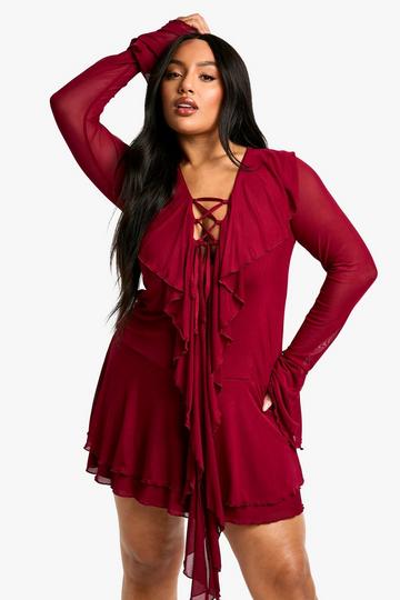 Plus Mesh Ruffle Lace Up Skater Dress berry