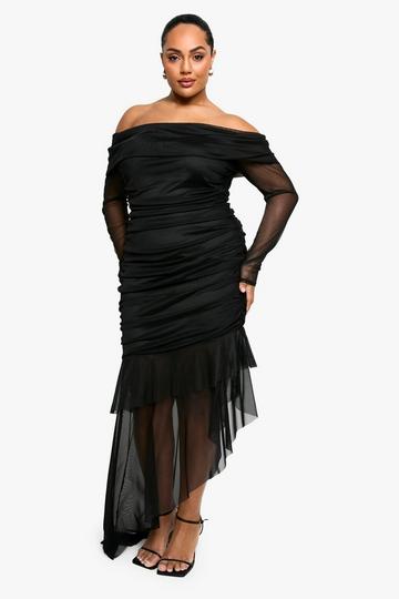 Plus Mesh Off Shoulder Ruched Asymmetric Maxi Dress black