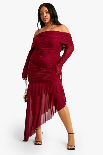 Plus Mesh Off Shoulder Ruched Asymmetric Maxi Dress berry