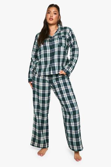 PLUS SOFT TOUCH CHECK BUTTON THROUGH SHIRT AND TROUSER PYJAMA SET green