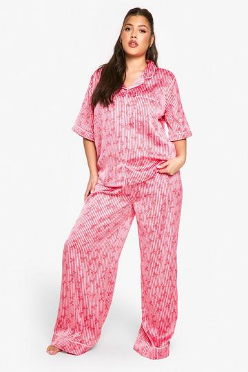 PLUS BOW PRINT SATIN BUTTON THROUGH SHIRT & SHORTS PYJAMA SET pink